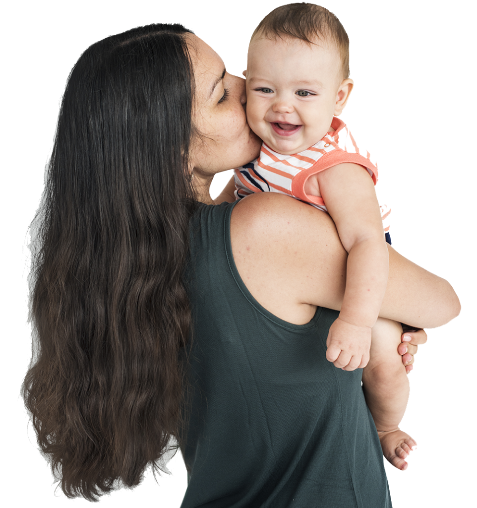 A lady with long black hair holding a baby