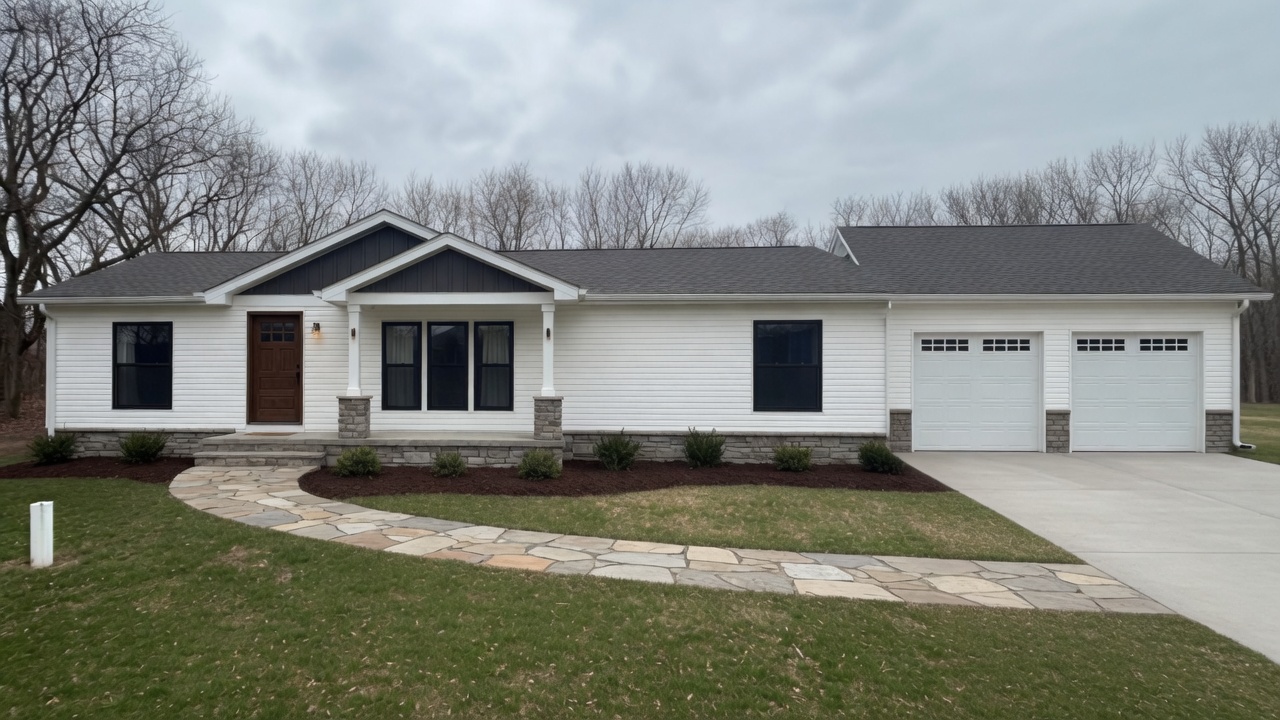 Mobile home remodeled to look like a house with an attached two-car garage and farmhouse exterior