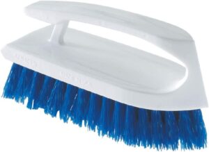 A scrub brush with blue bristles