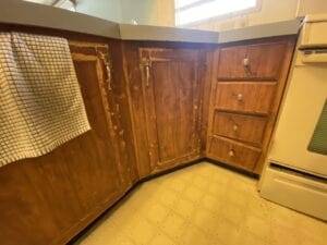 A kitchen cupboard in a mobile home