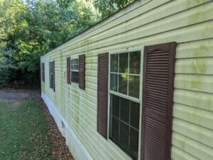 A yellow sided home with siding mildew