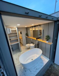 A view of a bathroom in a container home