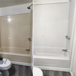 A before and after of a shower unit cleaned