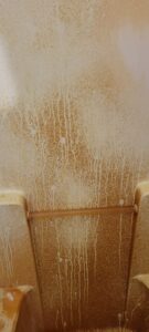A heavily stained shower with rust stains