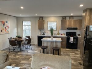 A large new kitchen in a mobile home with rustic decor