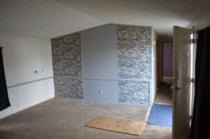 A stone faux wall in a mobile home