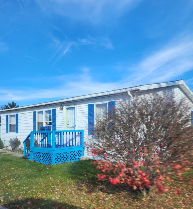 A blue doublewide with a red bush next to it