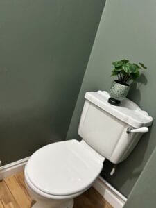 A small bathroom with green walls and a white toilet
