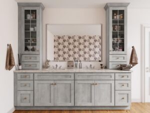 A large gray bathroom cabinet that is new