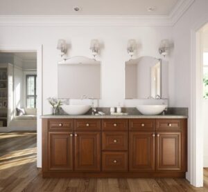 A brown cabinet in a bathroom with two mirrors over it