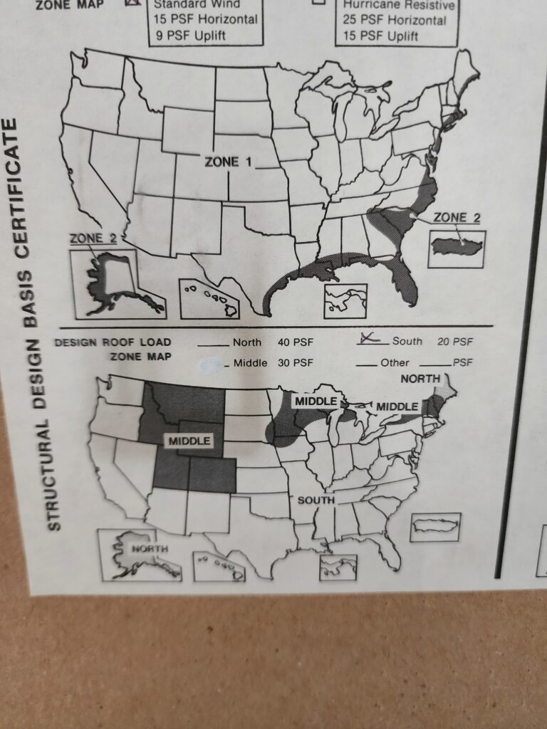 A data plate zoomed into the mobile home wind zone