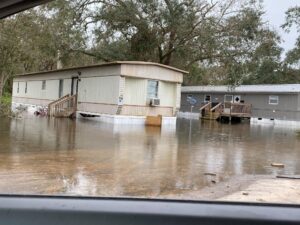 A mobile home park flooded with water