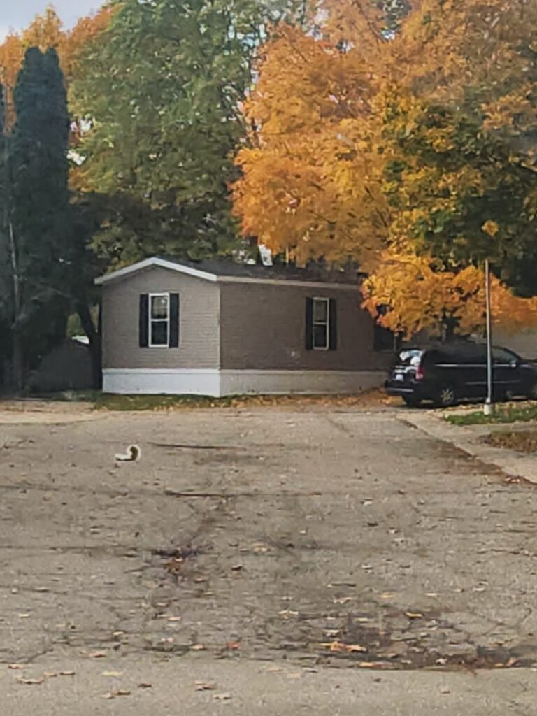 A brown singlewide with color changing trees around it