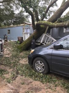a mobile home with wind damage and trees laying on it