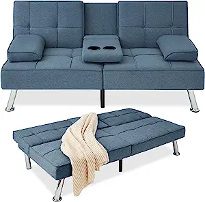 A small blue couch that folds down