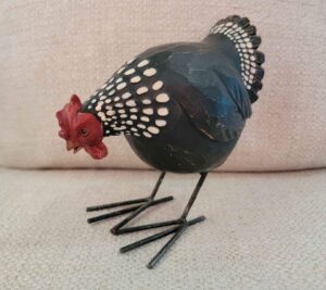 A chicken that is black with a red head