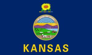 The state flag of Kansas in bright blue