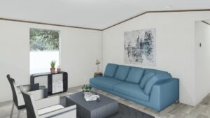 A living room with a blue couch and picture on the wall