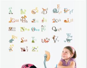 A wall sticker with the alphabet and a small girl