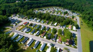 A large mobile home lot with many mobile homes