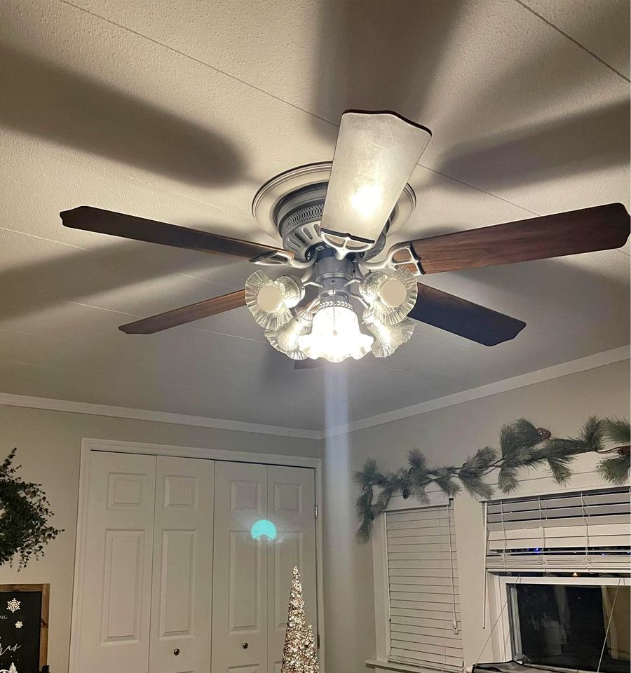 A ceiling fan with a light kit under it