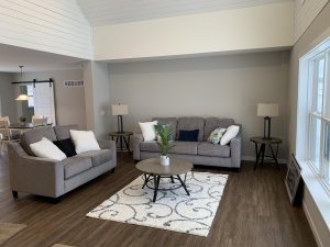 A two story modular home living room area