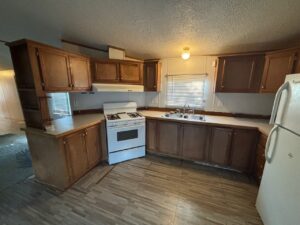 A large kitchen inside a mobile home