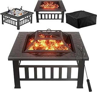 A square fire pit that has a fire burning inside