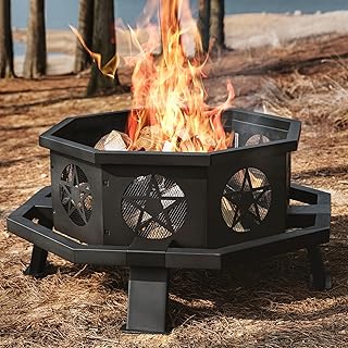 A octagon fire pit with a fire inside