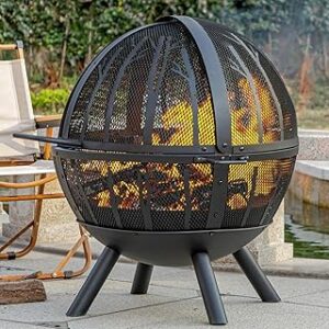 A round fire pit burning wood